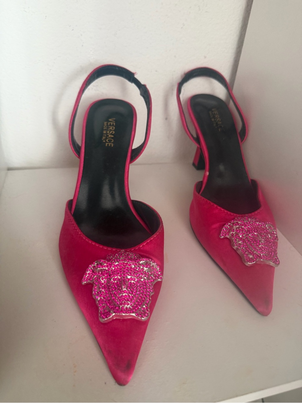 Versace Hot Pink Sequin Medusa Slingback Pumps